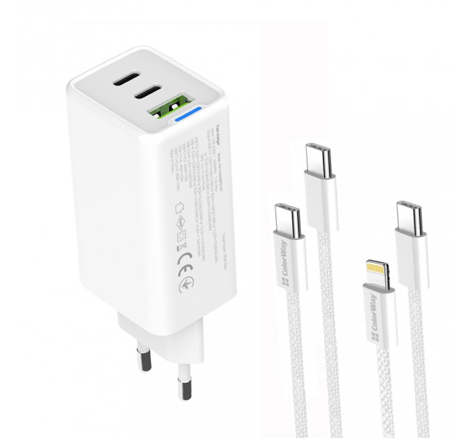 ColorWay Мережевий зарядний пристрій ColorWay GaN Mini 65W PD Port PPS USB (USB-2C1A) White (CW-CHS058PDCL-WT) + кабель Type-C&Lightning