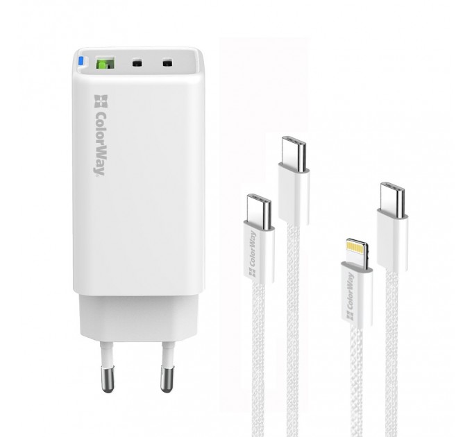 ColorWay Мережевий зарядний пристрій ColorWay GaN Mini 65W PD Port PPS USB (USB-2C1A) White (CW-CHS058PDCL-WT) + кабель Type-C&Lightning