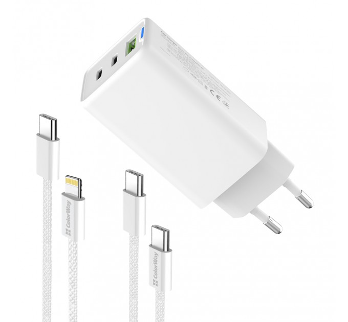 ColorWay Мережевий зарядний пристрій ColorWay GaN Mini 65W PD Port PPS USB (USB-2C1A) White (CW-CHS058PDCL-WT) + кабель Type-C&Lightning