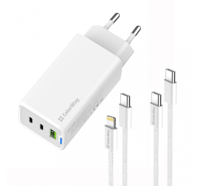 ColorWay Мережевий зарядний пристрій ColorWay GaN Mini 65W PD Port PPS USB (USB-2C1A) White (CW-CHS058PDCL-WT) + кабель Type-C&Lightning