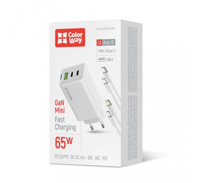ColorWay Мережевий зарядний пристрій ColorWay GaN Mini 65W PD Port PPS USB (USB-2C1A) White (CW-CHS058PDCL-WT) + кабель Type-C&Lightning