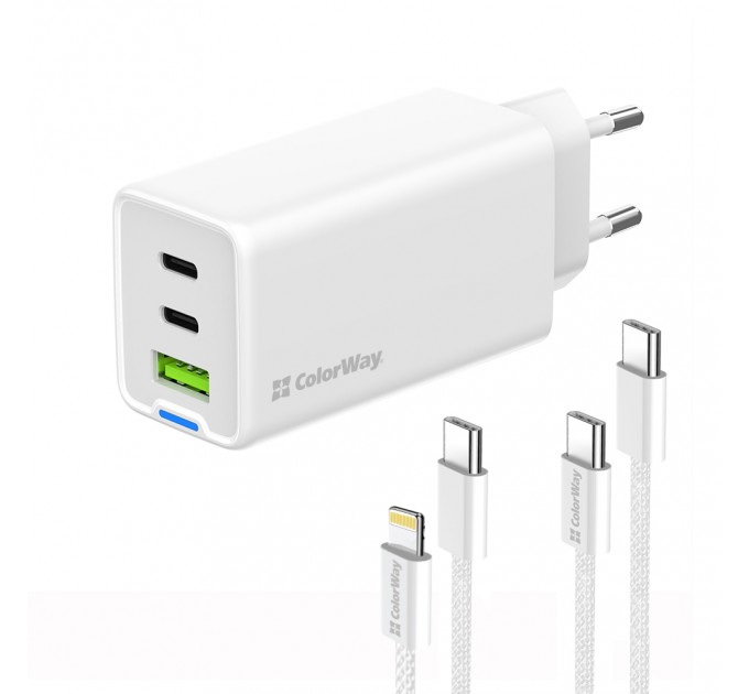 ColorWay Мережевий зарядний пристрій ColorWay GaN Mini 65W PD Port PPS USB (USB-2C1A) White (CW-CHS058PDCL-WT) + кабель Type-C&Lightning