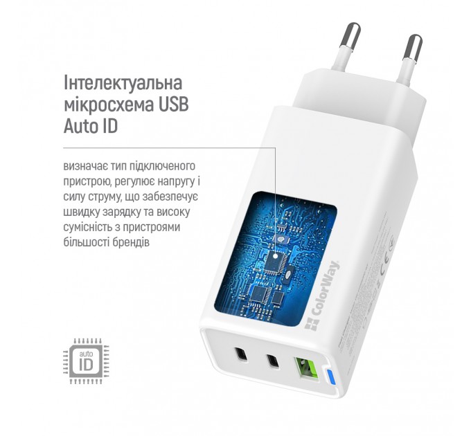 ColorWay Мережевий зарядний пристрій ColorWay GaN Mini 65W PD Port PPS USB (USB-2C1A) White (CW-CHS058PD-WT)