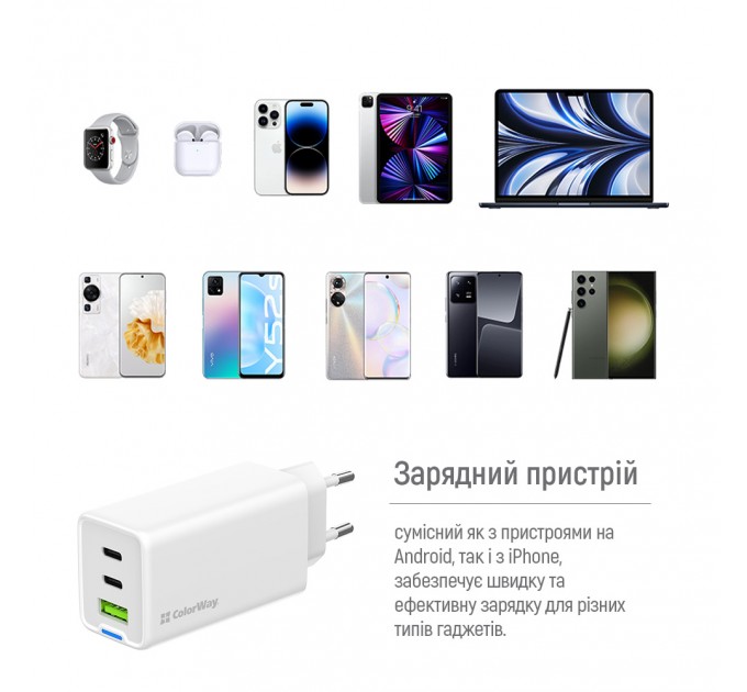 ColorWay Мережевий зарядний пристрій ColorWay GaN Mini 65W PD Port PPS USB (USB-2C1A) White (CW-CHS058PD-WT)