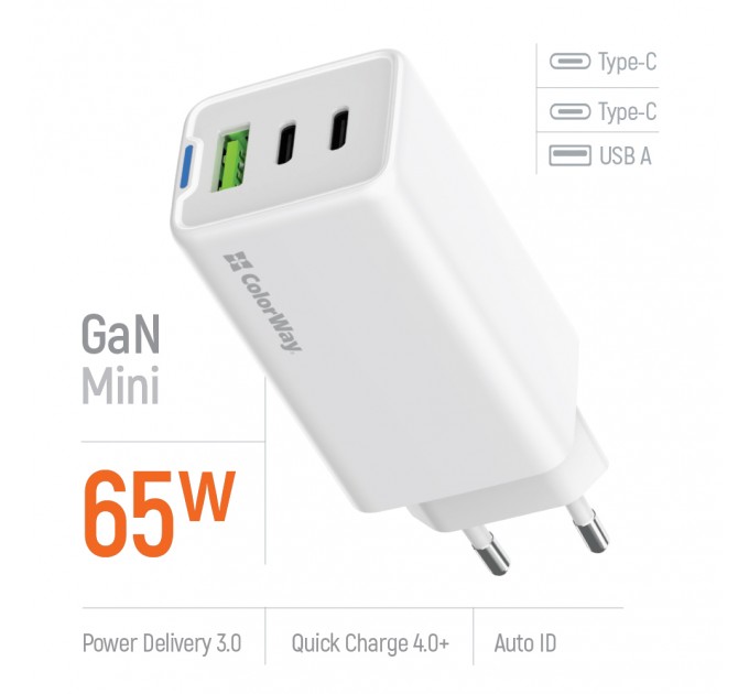 ColorWay Мережевий зарядний пристрій ColorWay GaN Mini 65W PD Port PPS USB (USB-2C1A) White (CW-CHS058PD-WT)