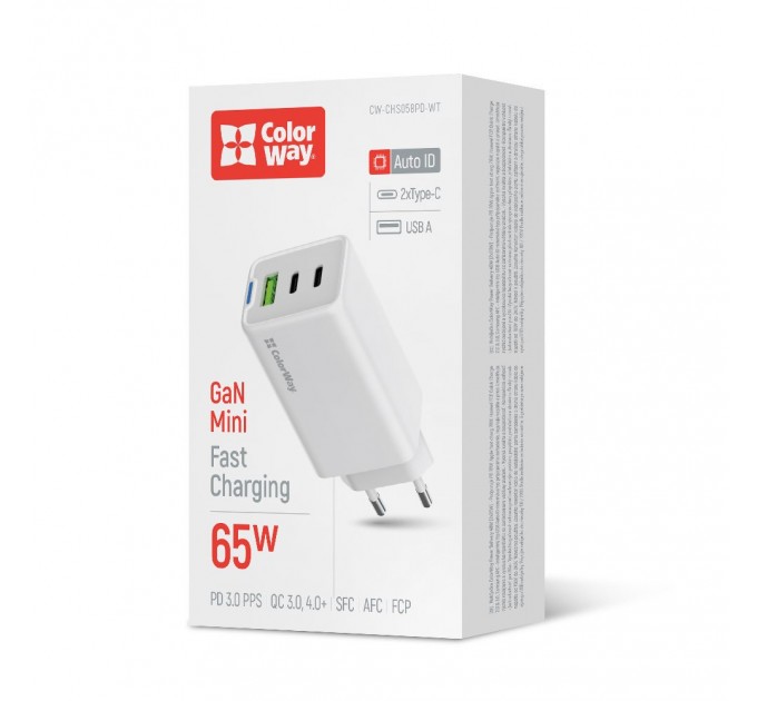 ColorWay Мережевий зарядний пристрій ColorWay GaN Mini 65W PD Port PPS USB (USB-2C1A) White (CW-CHS058PD-WT)