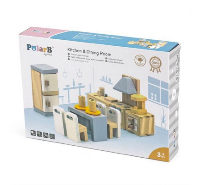 Ігровий набір Viga Toys Дерев'яні меблі для ляльок PolarB Кухня і їдальня (44038)
