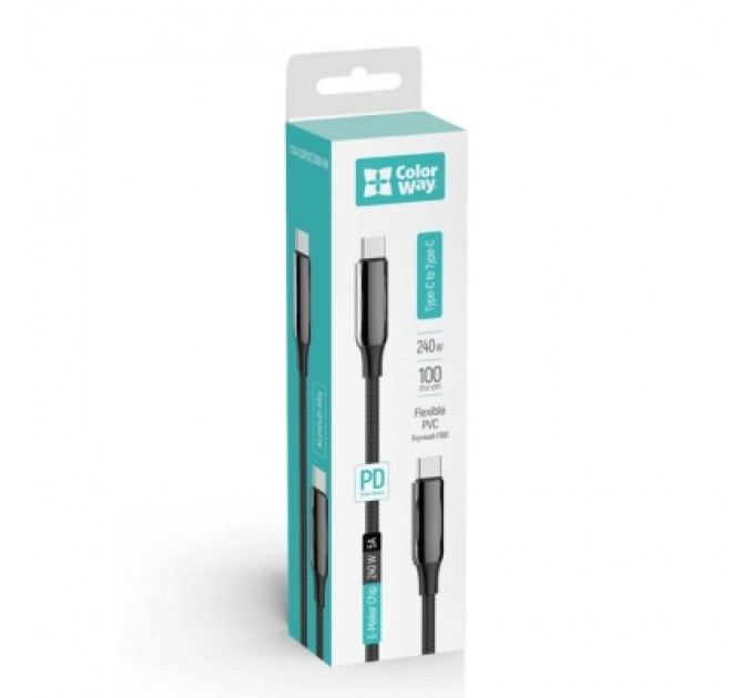 ColorWay Дата кабель USB-C to USB-C 2.0m (PVC+Aluminum Alloy) (PD Fast Charging 240W) 5А black ColorWay (CW-CBPDCC070-BK)