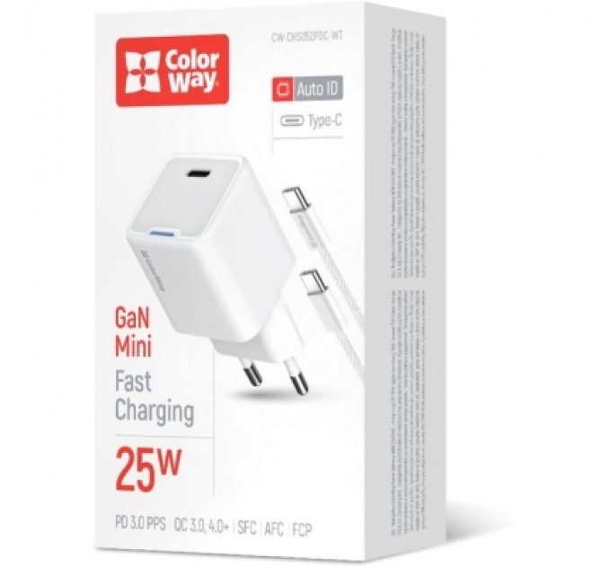 ColorWay Зарядний пристрій ColorWay GaN Mini 25W PD Port PPS USB-C white cable Type-C (CW-CHS052PDC-WT)