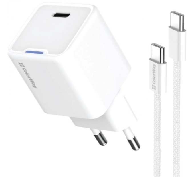 ColorWay Зарядний пристрій ColorWay GaN Mini 25W PD Port PPS USB-C white cable Type-C (CW-CHS052PDC-WT)