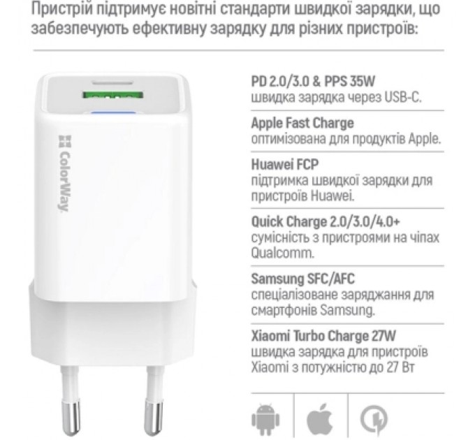 Зарядний пристрій ColorWay GaN Mini 35W PD Port PPS USB (Type-C PD + USB QC4.0) white (CW-CHS055PD-WT)