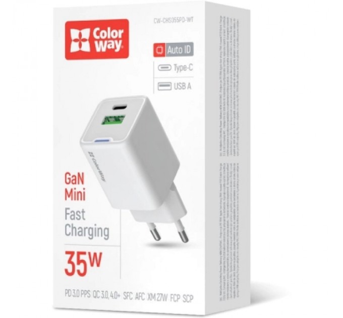 Зарядний пристрій ColorWay GaN Mini 35W PD Port PPS USB (Type-C PD + USB QC4.0) white (CW-CHS055PD-WT)
