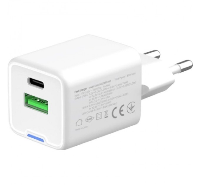 Зарядний пристрій ColorWay GaN Mini 35W PD Port PPS USB (Type-C PD + USB QC4.0) white (CW-CHS055PD-WT)