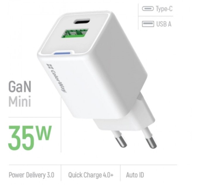 Зарядний пристрій ColorWay GaN Mini 35W PD Port PPS USB (Type-C PD + USB QC4.0) white (CW-CHS055PD-WT)