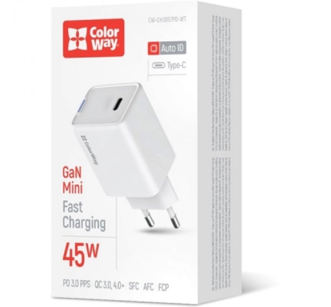 Зарядний пристрій ColorWay GaN Mini 45W PD Port PPS USB-C white (CW-CHS057PD-WT)