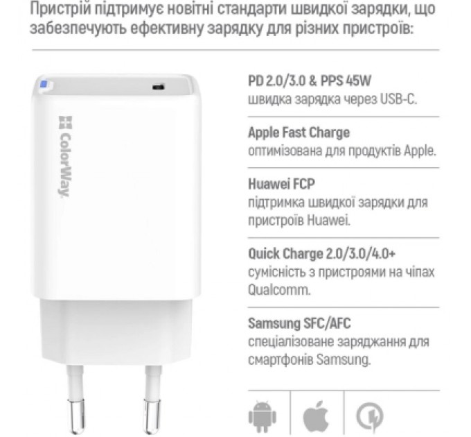 Зарядний пристрій ColorWay GaN Mini 45W PD Port PPS USB-C white (CW-CHS057PD-WT)