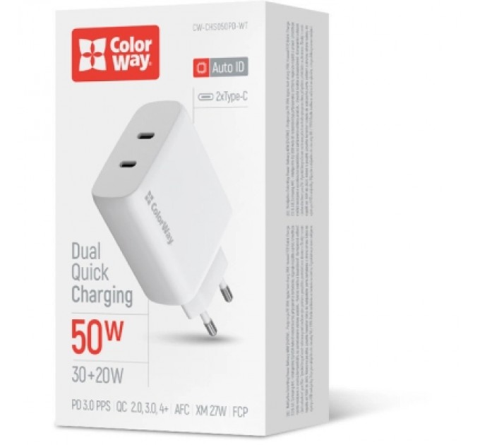 ColorWay Зарядний пристрій ColorWay GaN Mini 50W PD Port PPS USB (Type-C PD 30W + Type-C PD 20W) white (CW-CHS050PD-WT)