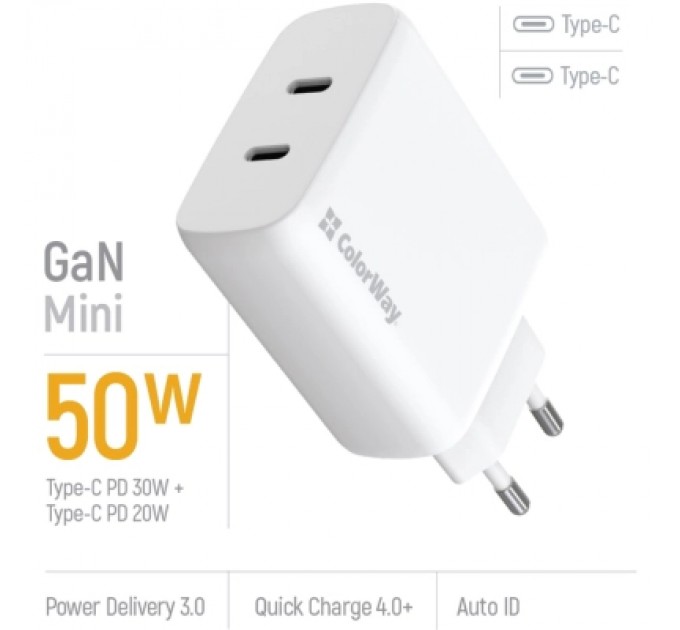 ColorWay Зарядний пристрій ColorWay GaN Mini 50W PD Port PPS USB (Type-C PD 30W + Type-C PD 20W) white (CW-CHS050PD-WT)