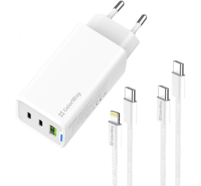 Зарядний пристрій ColorWay GaN Mini 65W PD Port PPS USB (USB-2C1A) cable Type-C&Lightning (CW-CHS058PDCL-WT)