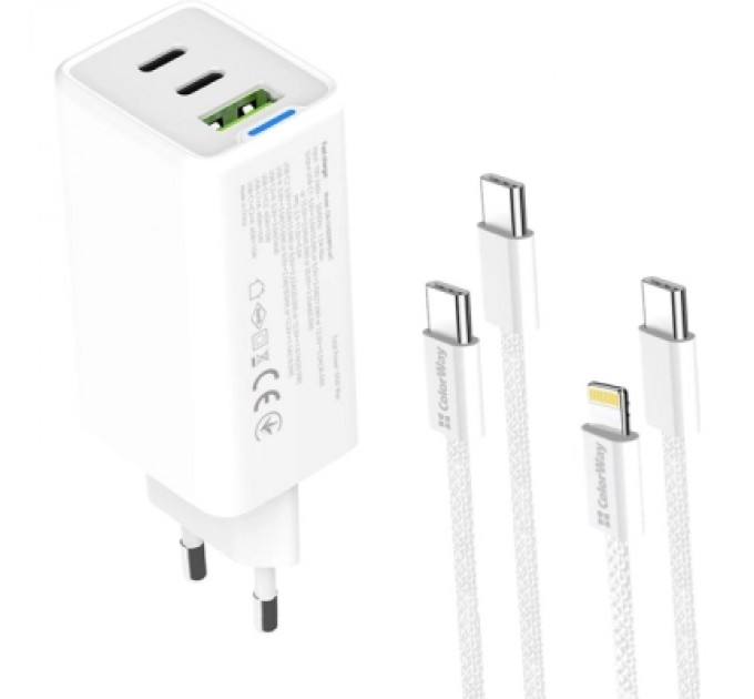 Зарядний пристрій ColorWay GaN Mini 65W PD Port PPS USB (USB-2C1A) cable Type-C&Lightning (CW-CHS058PDCL-WT)