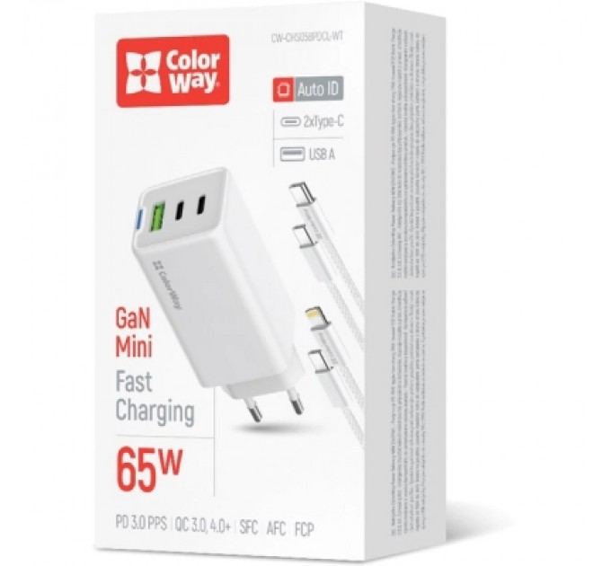 Зарядний пристрій ColorWay GaN Mini 65W PD Port PPS USB (USB-2C1A) cable Type-C&Lightning (CW-CHS058PDCL-WT)