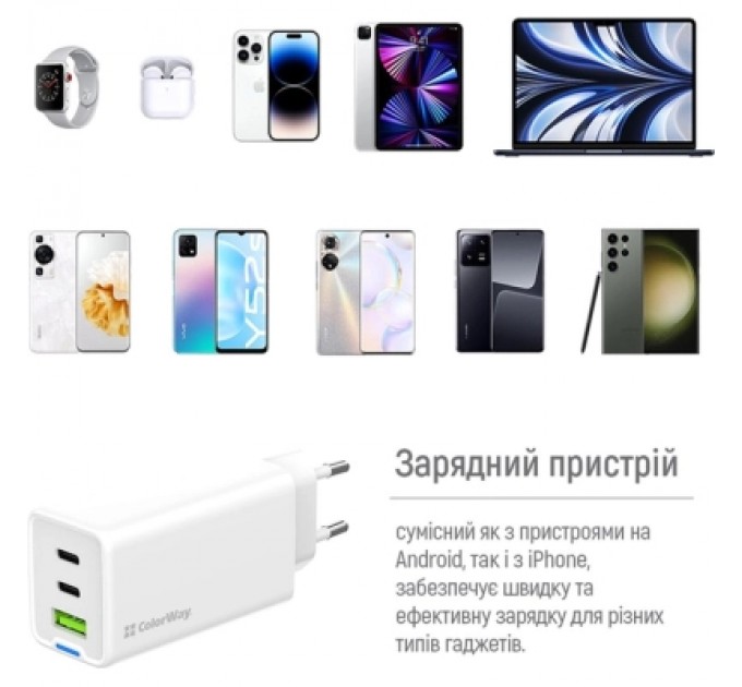 ColorWay Зарядний пристрій ColorWay GaN Mini 65W PD Port PPS USB (USB-2C1A) white (CW-CHS058PD-WT)