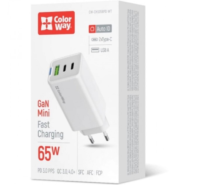 ColorWay Зарядний пристрій ColorWay GaN Mini 65W PD Port PPS USB (USB-2C1A) white (CW-CHS058PD-WT)