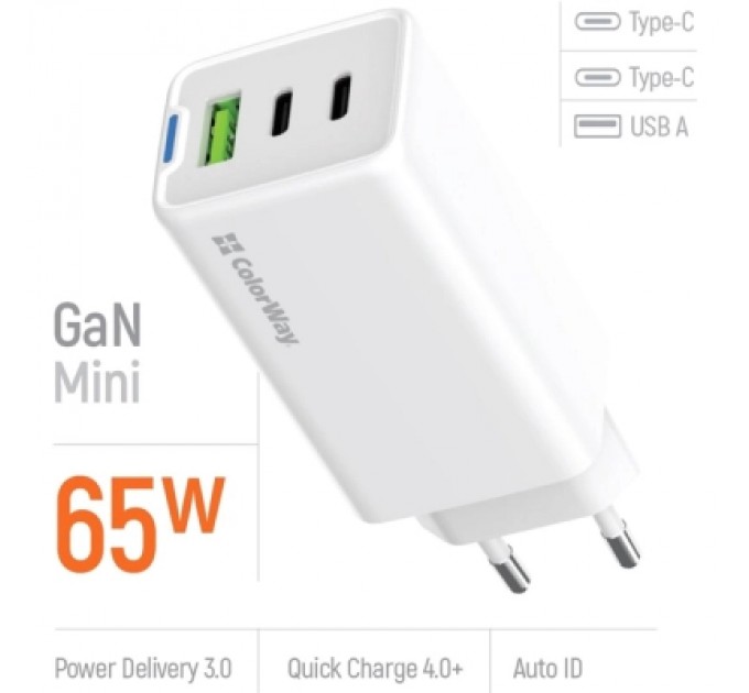 ColorWay Зарядний пристрій ColorWay GaN Mini 65W PD Port PPS USB (USB-2C1A) white (CW-CHS058PD-WT)