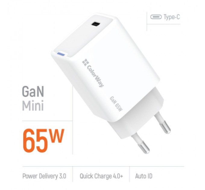 ColorWay Зарядний пристрій ColorWay GaN Mini 65W PD Port PPS USB-C white (CW-CHS049PD-WT)