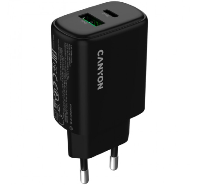 Canyon Зарядний пристрій Canyon OnCharge 250 25W 1xPD 1xQC EU Black (CNE-CHA250-31)