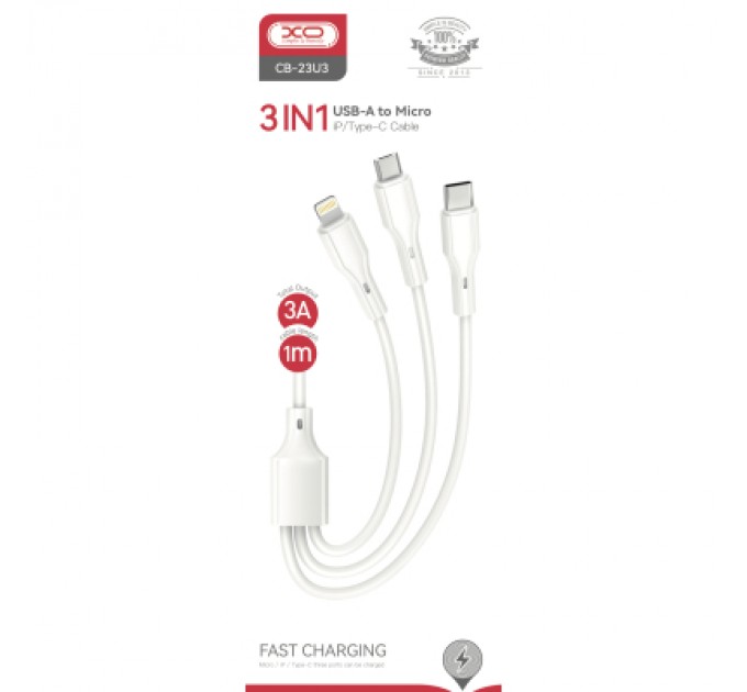 XO Дата кабель USB 2.0 AM to Lightning + Micro 5P + Type-C 1.0m 2.4A XO (CB-23U3)