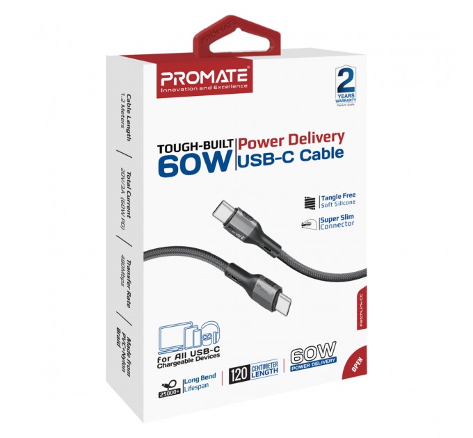 Кабель Promate USB Type-C - USB Type-C (M/M), 3A, 60W, 1.2 м, Black (fletchlink-cc.black)