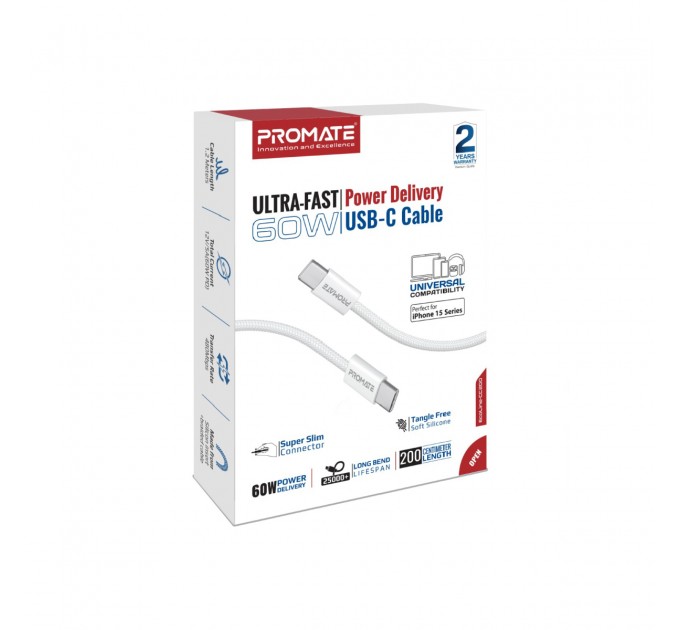 Promate Кабель Promate USB Type-C - USB Type-C (M/M), 3A, 60W, 2 м, White (ecoline-cc200.white)
