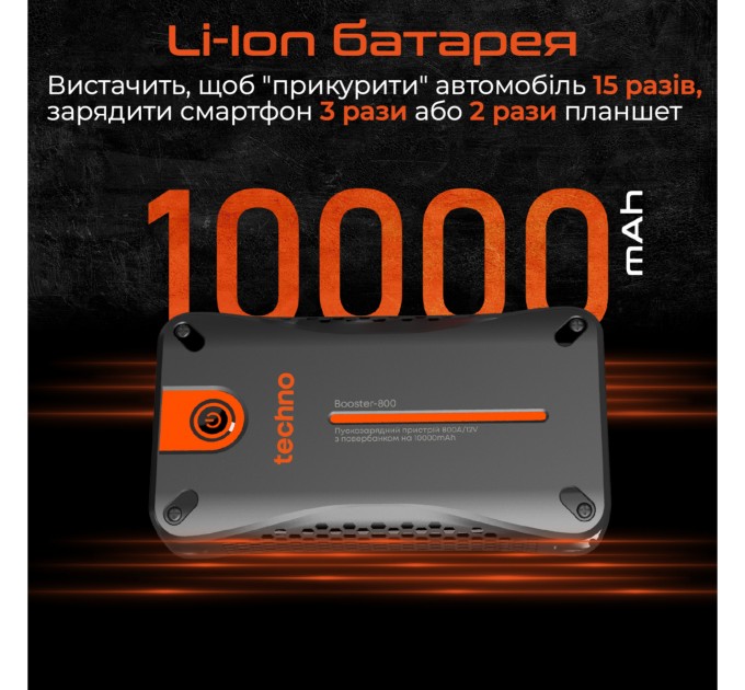 Пусковий пристрій для автомобілів Techno 10000mAh Black (booster-800)