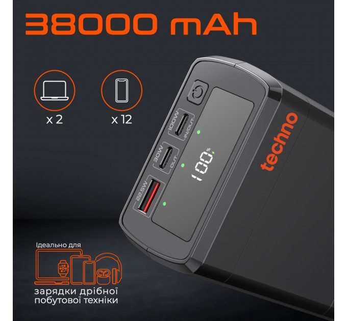 Techno Універсальна мобільна батарея Techno PDC130 38000mAh PD 130W QC 3.0 Black