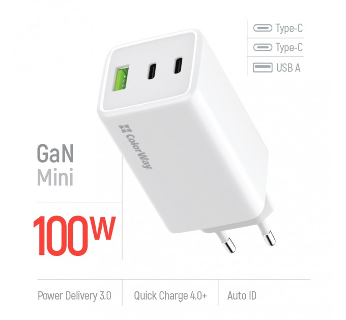ColorWay Мережевий зарядний пристрій ColorWay GaN Mini 100W PD Port PPS USB (USB-2C1A) White (CW-CHS061PD-WT)