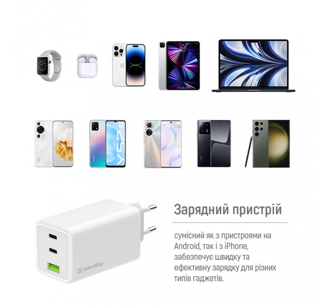 ColorWay Мережевий зарядний пристрій ColorWay GaN Mini 100W PD Port PPS USB (USB-2C1A) White (CW-CHS061PD-WT)