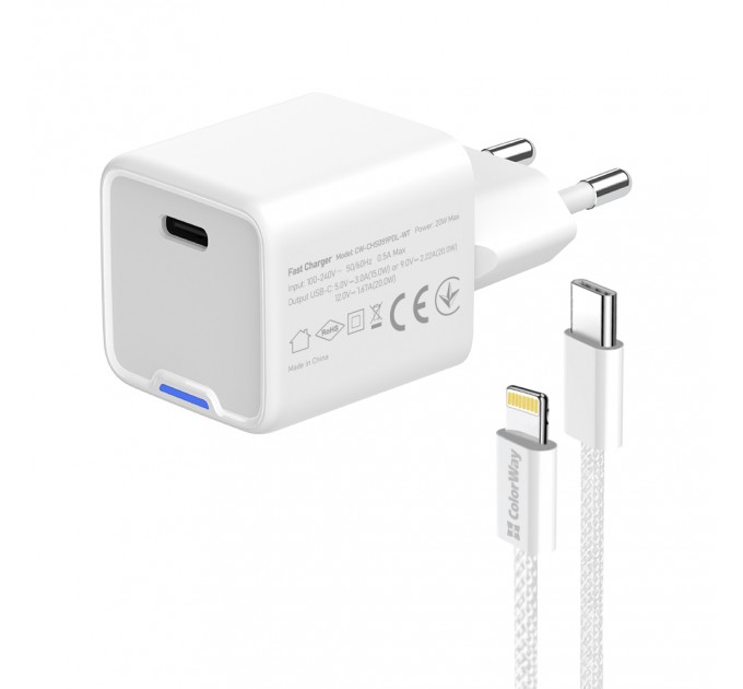 Мережевий зарядний пристрій ColorWay GaN Mini 20W PD Port PPS USB-C White (CW-CHS059PD-WT) + кабель Lightning