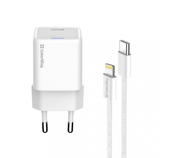Мережевий зарядний пристрій ColorWay GaN Mini 20W PD Port PPS USB-C White (CW-CHS059PD-WT) + кабель Lightning