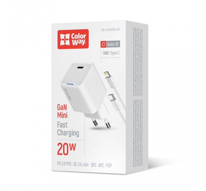 Мережевий зарядний пристрій ColorWay GaN Mini 20W PD Port PPS USB-C White (CW-CHS059PD-WT) + кабель Lightning