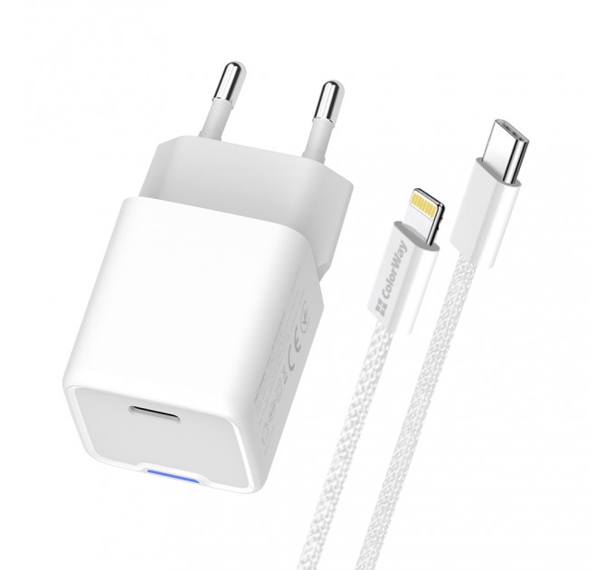 Мережевий зарядний пристрій ColorWay GaN Mini 20W PD Port PPS USB-C White (CW-CHS059PD-WT) + кабель Lightning