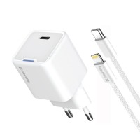 Мережевий зарядний пристрій ColorWay GaN Mini 20W PD Port PPS USB-C White (CW-CHS059PD-WT) + кабель Lightning