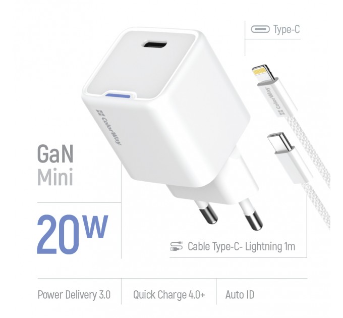 Мережевий зарядний пристрій ColorWay GaN Mini 20W PD Port PPS USB-C White (CW-CHS059PD-WT) + кабель Lightning