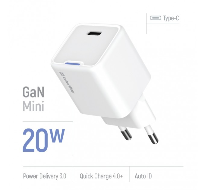 ColorWay Мережевий зарядний пристрій ColorWay GaN Mini 20W PD Port PPS USB-C White (CW-CHS059PD-WT)