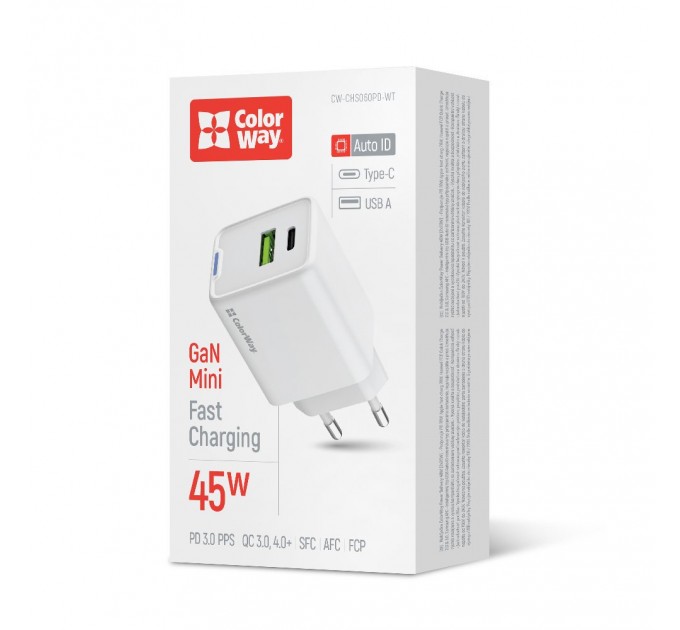 Мережевий зарядний пристрій ColorWay GaN Mini 45W PD Port PPS USB (Type-C PD + USB QC4.0) White (CW-CHS060PD-WT)