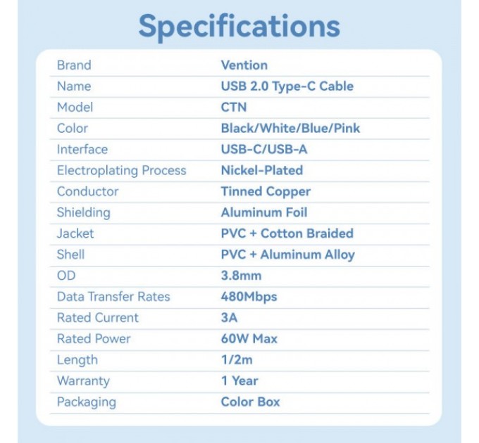 Vention Кабель Vention USB - USB Type-C (M/M), 60W, 3A, 2 м, White (CTNWH)