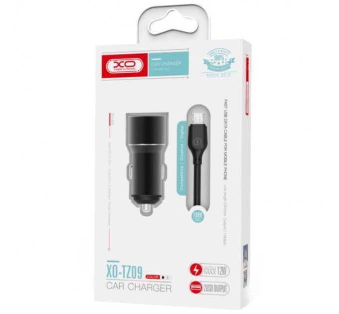XO Автомобільний зарядний пристрій XO TZ09 (2USB, 2.4A) Black (6920680873487) + кабель microUSB