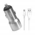 XO Автомобільний зарядний пристрій XO TZ09 (2USB, 2.4A) Gray (6920680873517) + кабель Lightning