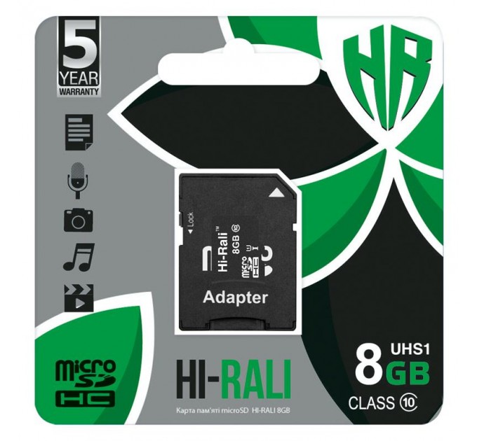 Карта пам`ятi MicroSDHC 8GB UHS-I Class 10 Hi-Rali + SD-adapter (HI-8GBSD10U1-01)