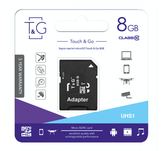 Карта пам`ятi MicroSDHC 8GB UHS-I Class 10 T&G + SD-adapter (TG-8GBSD10U1-01)
